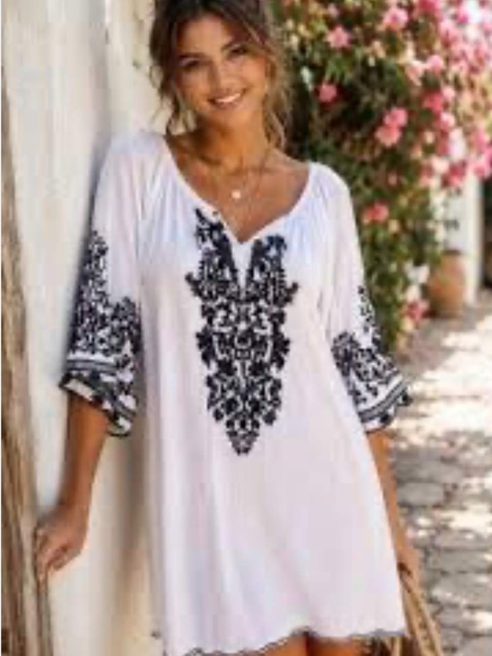Women’s White Tunic Dress with Navy Blue Embroidery
